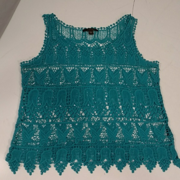 Turquoise Butterfly Crop Lace Crochet Cobweb Knit Tank Top Dark Aqua Weave - Picture 7 of 8